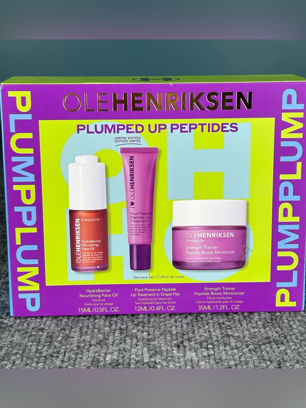 OLE HENRIKSEN Plumped Up Peptide Set ~ Peptide Moisturizer, Oil & Grape Lip ~NIB